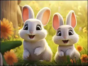 Grafika, Dwa, Króliki, Kwiaty
