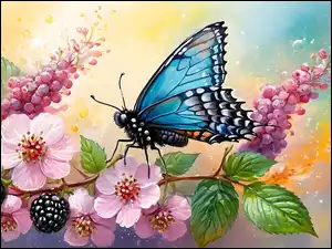 Różowe, Kwiaty, Grafika, Jeżyny, Motyl, Niebieski, Liście