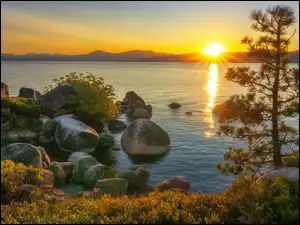 Zachód słońca, Stany Zjednoczone, Jezioro Tahoe, Nevada
