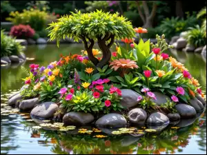 Kwiaty i drzewko bonsai na wysepce z kamieni na stawie w ogrodzie