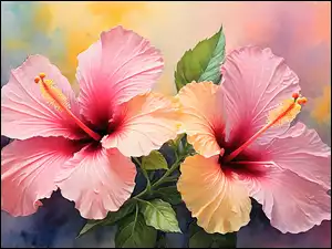 Grafika, Różowe, Kwiaty, Hibiskus