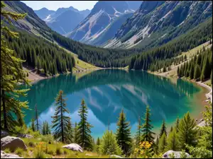 Lasy, Grafika, Drzewa, Jezioro, Góry