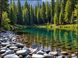 Grafika, Kamienie, Jezioro, Las