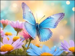 Owad, Grafika, Motyl, Niebieski, Kwiaty