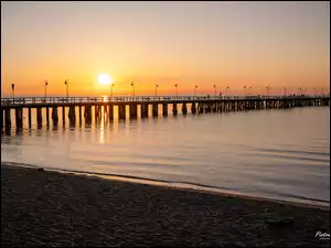 Morze Bałtyckie, Zachód słońca, Plaża, Polska, Molo, Gdynia