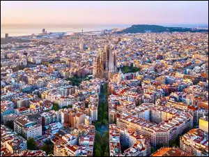 Sagrada Familia, Hiszpania, Domy, Panorama, Barcelona, Kościół, Zdjęcie miasta, Z lotu ptaka