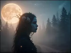 Dziewczynaw lesie otulonym mgłą na tle światła księżyca nocą
