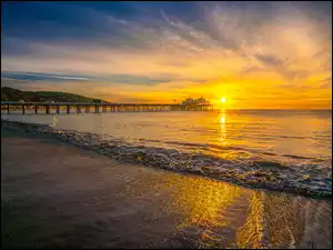 Morze, Molo, Stany Zjednoczone, Wschód słońca, Kalifornia, Malibu, Plaża