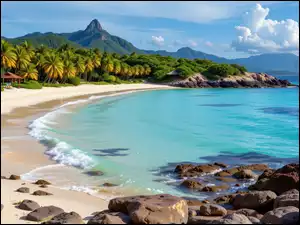 Plaża, Palmy, Grafika AI, Kamienie, Tropiki, Morze, Góry