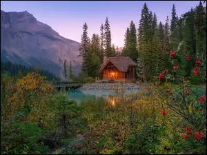 Drzewa, Kanada, Jezioro, Jesień, Park Narodowy Yoho, Emerald Lake, Dom, Góry