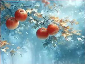 Jesienne, Grafika AI, Jabłka, Cztery, Liście