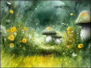 Grafika AI, Grzyby, Trawa, Kwiaty