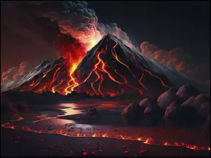 Wulkan, Erupcja, AI, Noc, Woda, Ogień, Dym