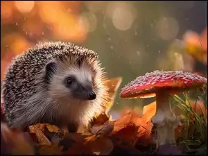 Muchomor, Czerwony, Grafika AI, Jeż, Liście, Jesienne, Grzyb