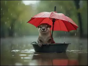 Młoda wydra w pod czerwonym parasolem w misce na rzece w padającym deszczu