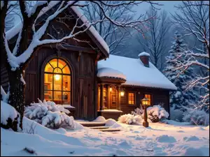 Dom, Drzewa, Oświetlony, Zima, Ośnieżone