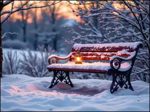 Śnieg, Zima, Ławka, Drzewa, Ośnieżona, Lampion
