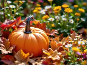 Grafika AI, Dynia, Liście, Kwiaty