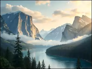 Rzeka, Góry, Las, AI, Drzewa, Mgła