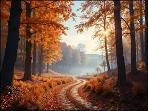 Drzewa, Grafika AI, Las, Jesień, Droga