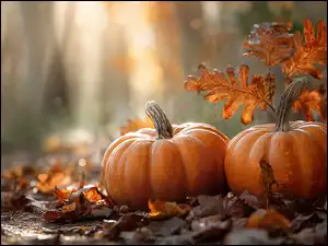 Jesienne, Grafika AI, Dynie, Dwie, Liście