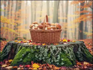 Pniak, Kosz, Drzewa, Jesień, Las, Liście, Grzyby