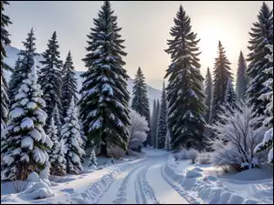 Las, Grafika AI, Droga, Zima, Drzewa