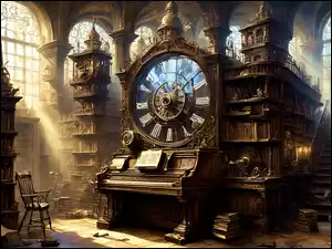 Zegar nad pianinem i książki na regałach w starym wnętrzu