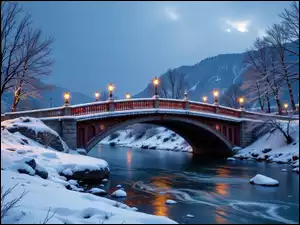 Latarnie, Zima, Rzeka, Dom, Zmrok, Most, Drzewa, Śnieg