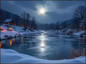 Noc, Jezioro, Księżyc, Śnieg, Drzewa, Las, Dom, Zima, Lampy