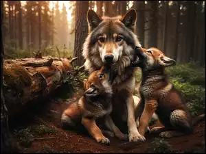 Zabawa małych wilczków z mamą w lesie