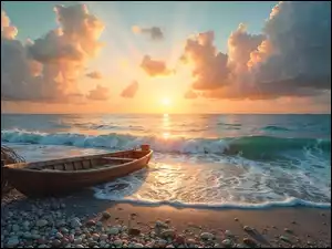 Łódka i faleobok zwoju lin i kamieni na plaży o zachodzie słońca nad morzem