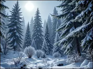 Drzewa, Grafika AI, Krzewy, Las, Zima