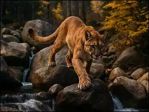 Puma, Las, Rzeka, Grafika AI, Kamienie, Strumień