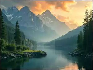 Jezioro, Góry, Mgła, AI, Wschód słońca, Drzewa