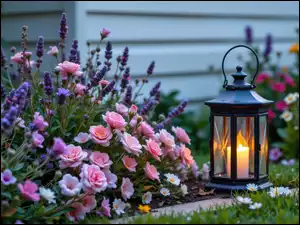 Różowe, Kwiaty, Świeca, Lampion, Fioletowe