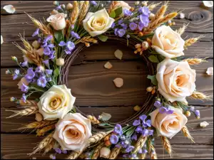 Kwiaty, Wianek, Kłosy, Dekoracja, Róże, Deski