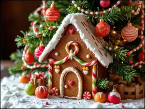 Piernik, Domek, Łańcuch, Boże Narodzenie, Bombki, Gałązki, Świerkowe