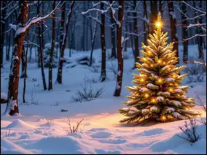 Las, Zima, Choinka, Grafika, Oświetlona, Boże Narodzenie