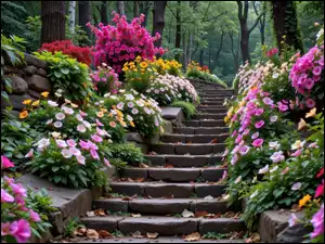Ogród, Schody, Kolorowe, Kwiaty