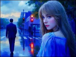 Długowłosa kobieta i mężczyzna na ulicy w padającym deszczu