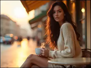 Stolik, Długowłosa, Kobieta, Sweter