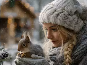 Kobieta z warkoczem w czapce i szaliku z wiewiórką na rękach