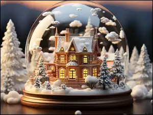 Śnieżna, Kula, Zima, Szklana, Choinki, Białe, Domek