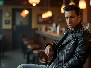 Mężczyzna w skórzanej kurtce siedzący w barzena stołku barowym przy kontuarze