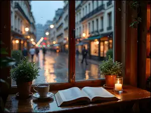 Na stole przy oknieotwarta książka z doniczkami i kawą obok zapalonej świeczki naprzeciw regałowi