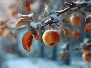 Ośnieżone jabłko i jesienne liście na gałązce na rozswietlonym tle