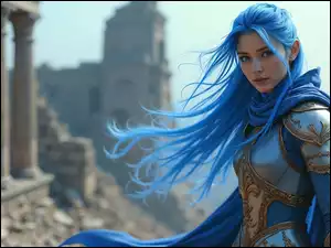 Kobieta z długimi niebieskimi włosami w zbroi na tle ruin