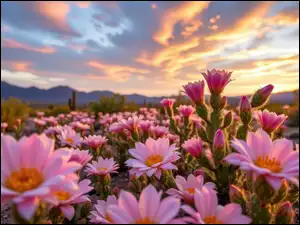 Pustynia, Grafika AI, Kaktusy, Kwiaty, Niebo