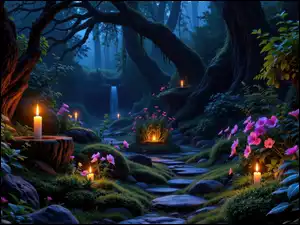 Al, Różowe, Grafika, Drzewa, Świece, Kwiaty, Rośliny, Las, Kamienie